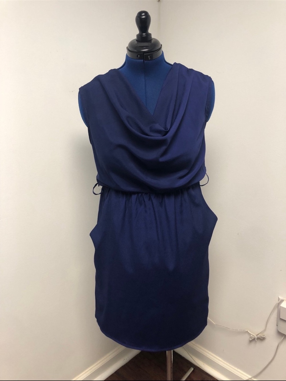 Bark blue cowl neck dress with pockets and attached belt loops size large